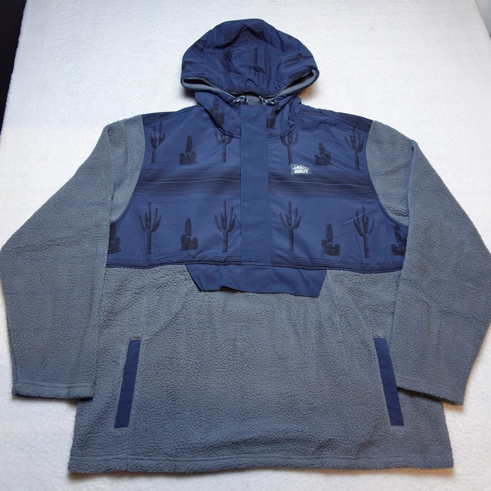 Hurley Evergreen Burrito Anorak Mens XL Grey Navy Sherpa Fleece Cactus Pullover